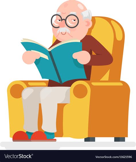 Reading Old Man Character Sit Adult Icon Cartoon Vector Image
