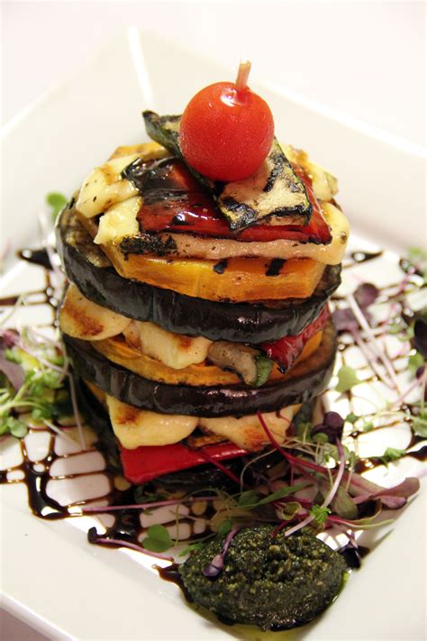 Charred Roast Vegetable Stack With Grilled Haloumi Basil Pesto And