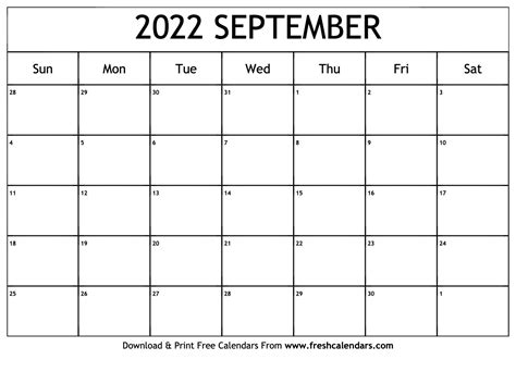 Blank Printable September 2022 Calendars