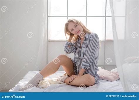 Beautiful Relaxed Young Woman Sitting On Bed Near The Window Stock Image Image Of Bedroom