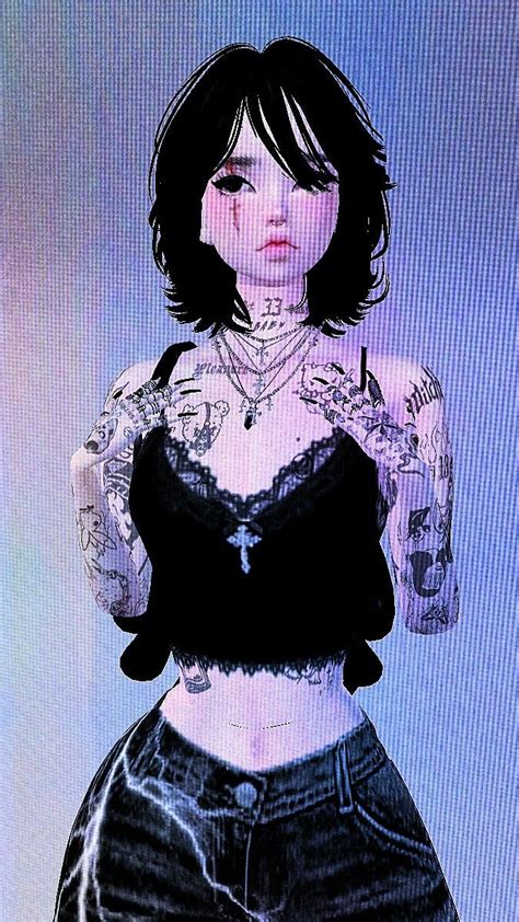 A Drawing Of A Woman With Tattoos On Her Arms And Chest Wearing Black