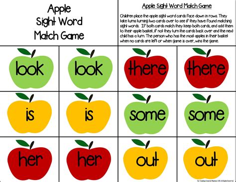 An Apple Sight Word Match Game With The Words Look Is Here And There Is