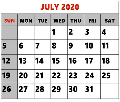 Free Blank July 2020 Calendar Template Printable Blank Calendar Template