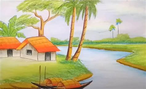 How To Draw A Easy Scenery Of Village Landscape Drawing