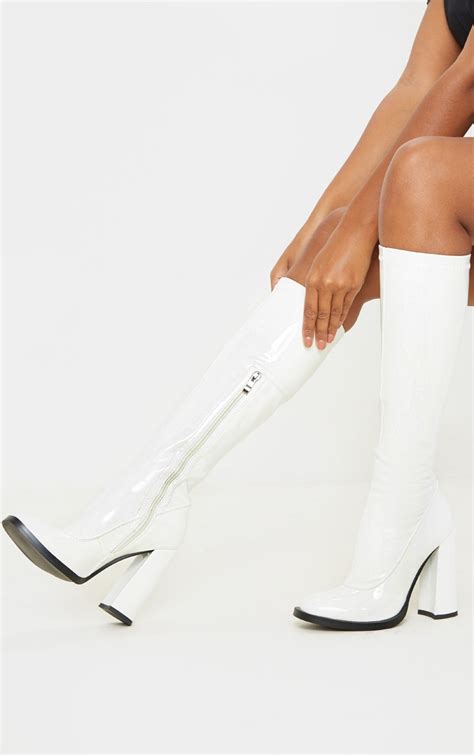 white knee high block heel sock boot shoes prettylittlething