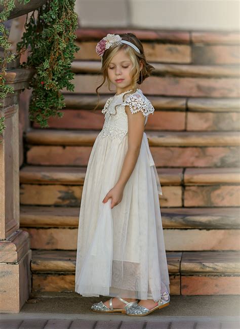 Luciana Long Cap Sleeve Lace Flower Girl Dress Ivory Sweetvalentina