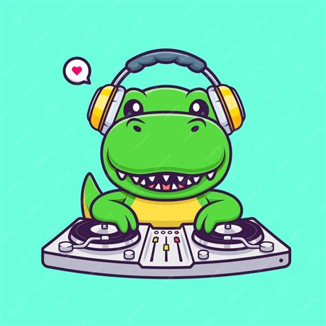 Premium Vector Cute Dino Playing Dj Electronic Music With Headphone