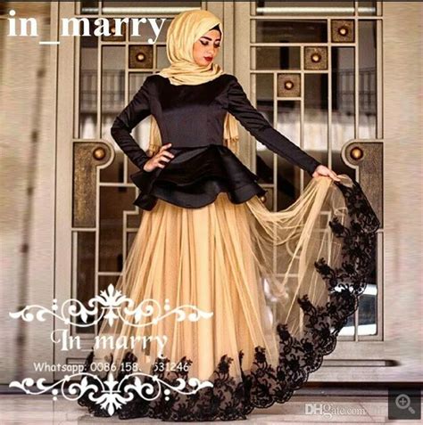 Champagne Black Muslim Arabic Hajib Islamic Prom Dresses Long Sleeves