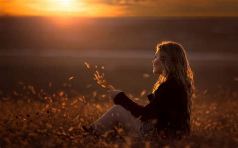 wallpaper sunlight women outdoors blonde sunset long hair field smiling sunrise