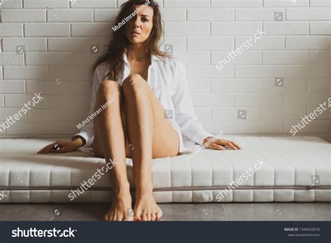 Sad Depressed Caucasian Lady Semi Nude Stock Photo 1349453018