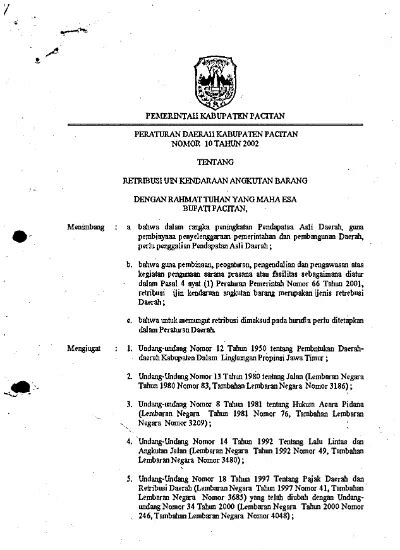 PERDA NO 10 TAHUN 2002 TENTANG RETRIBUSI IJIN KENDARAAN ANGKUTAN BARANG