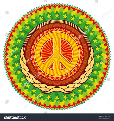 Colorful Psychedelic Hippie Emblem With Peace Sign Vector Illustration