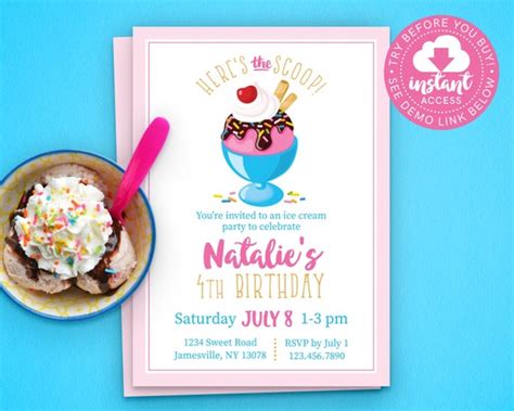 Ice Cream Invitation Ice Cream Birthday Party Printable Personalize Download Instantly