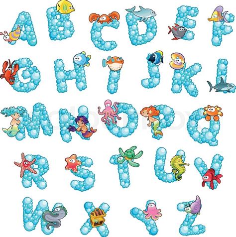 No design or coding skills required. Alphabet with fish and bubbles. | Stock vector | Colourbox