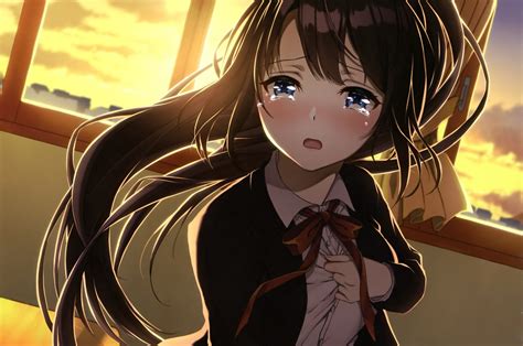 Download 2560x1700 Anime Girl Crying Classroom Sad Face Brown Hair School Uniform Sunset
