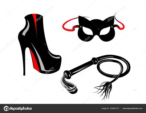 fetish and bondage stuff for role playing and bdsm high heels shoes leather whip and cat mask