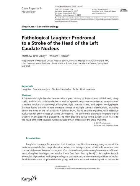 Pdf Pathological Laughter Prodromal To A Stroke Of The Head Of The