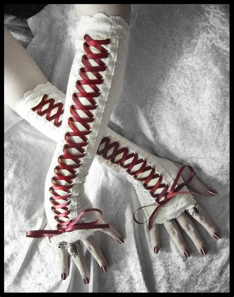 Scarlet Maiden Victorian Corset Laced Up Arm Warmers Pale Ivory Lace Burgundy Ribbon
