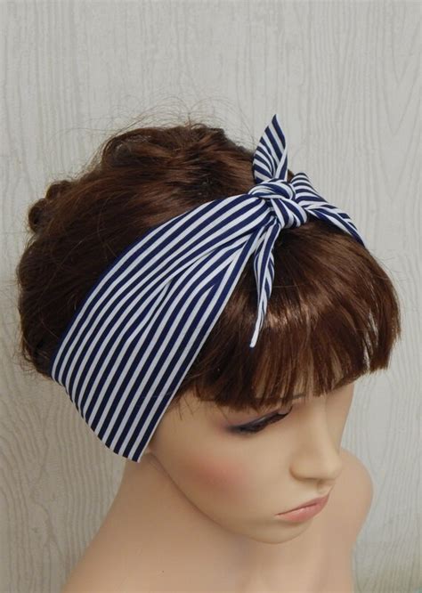 Rockabilly Navy Blue And White Pin Up Headband Striped Head