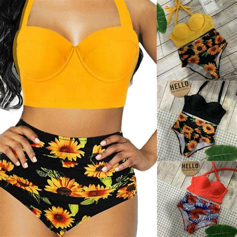 Summer Sexy Women Sunflower Print Bandage High Waist Bikini Set Push Up