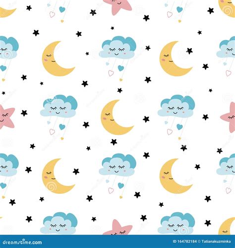 Seamless Cute Childish Pattern With Baby Stars Cloud Moon Kids Texture