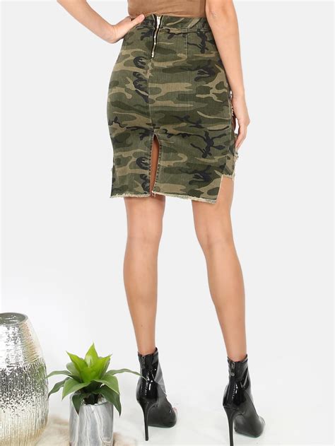 Distressed Camouflage Skirt Camo Sheinsheinside