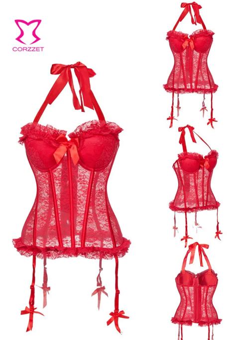 buy red floral lace bustier corsets women halter neck push up corset with thong