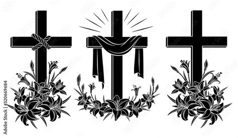 Cross With Lilies Religious Christian Easter Symbol Set Of Crosses