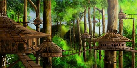 Treehouse Village And Bridges Fantasy Tree Fantasy Art Landscapes