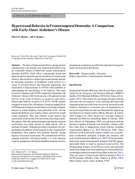 Pdf Hypersexual Behavior In Frontotemporal Dementia A Comparison With Early Onset Alzheimer’s