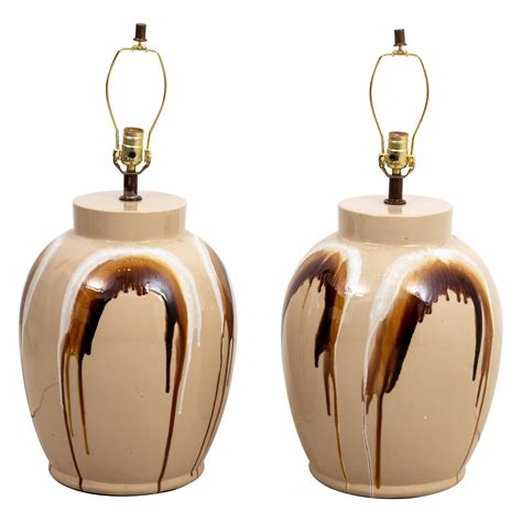 Pair Tangerine Drip Glaze Ceramic And Brass Table Lamps At Stdibs