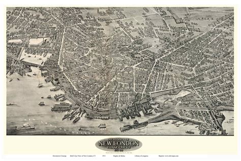 New London Downtown Connecticut 1911 Birds Eye View Old Map Reprint
