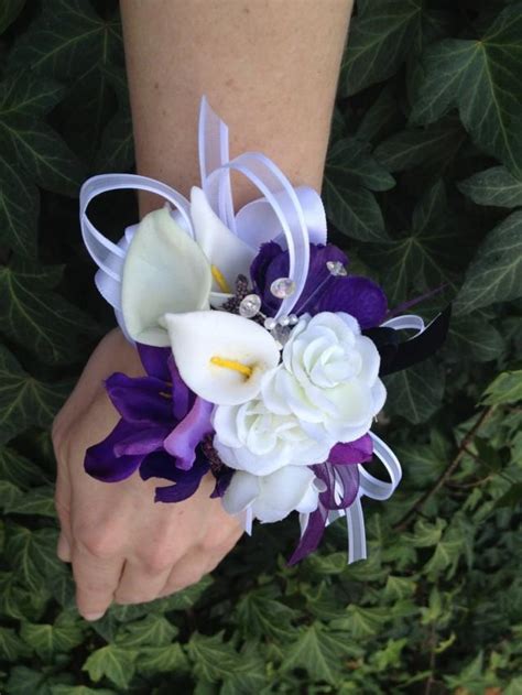 Pc Purple And White Real Touch Silk Wrist Corsage And Boutonniere