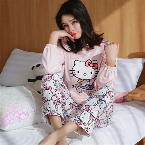 Spring Winter Women Long Sleeve Sleepwear O Neck Casual Hello Kitty Pajamas Sweet 2 Piece Set