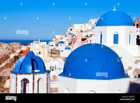 Santorini Greece Greek Island Street Scene Church Blue Dome Dome Thira