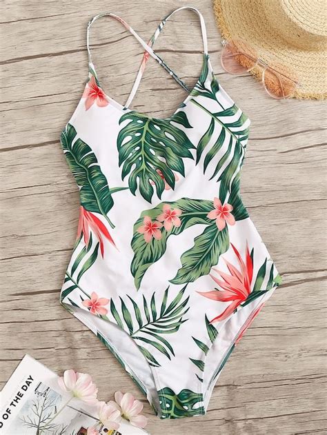 Tropical Print Lace Up Back One Piece Swimsuit Shein Swimsuits Womens Swimsuits Bikini
