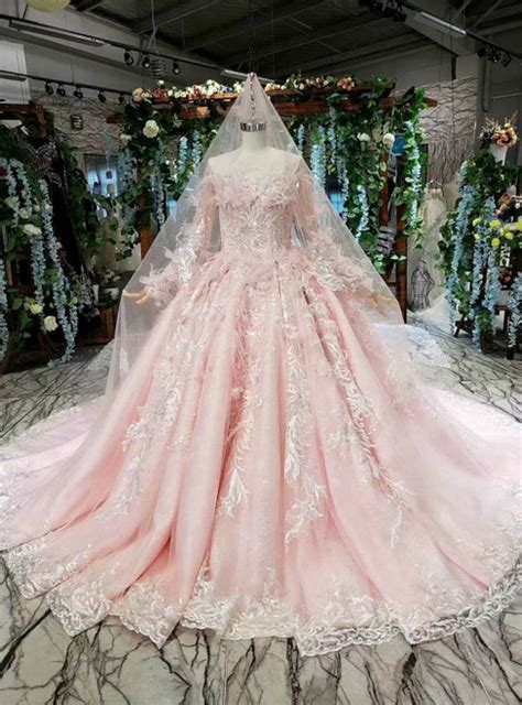 Pink Ball Gown Tulle Appliques Long Sleeve Luxury Wedding Dress With