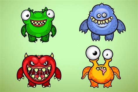 Set Of Four Funny Monsters ~ Illustrations On Creative Market