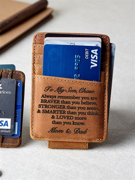 You can choose from any of the fonts below on custom credit card wallet. Custom Leather Money Clip For Son | Rugged Gifts