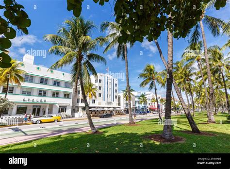 Ocean Drive with Art Deco style hotels architecture in Miami Beach