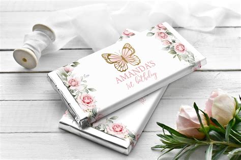 Editable Pink Gold Butterfly Chocolate Bar Wrapper Pink Floral