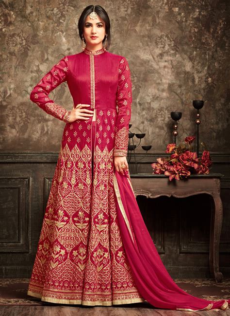 Magenta Banarasi Silk Anarkali Suit Indian Designer Fashion Store Salwar Kameez