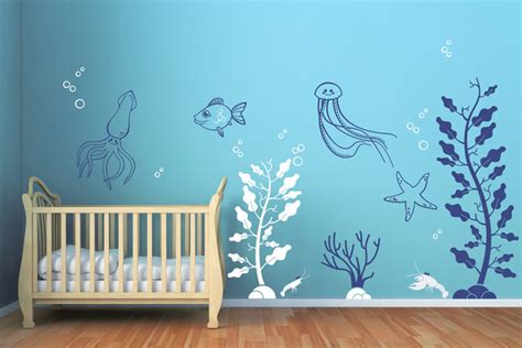 With the larger canvas, it will leave about 13.5 inches on either side of the canvas…with the smaller one, it will leave about 16.5″…the painting is an abstract…not too busy, more. Under the Sea Decals - Contemporary - Wall Decals - by Cherry Walls