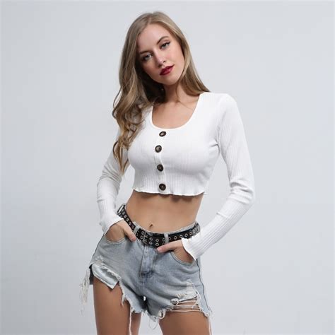 White T Shirt Long Sleeve Crop Top Plus Size Women Ribbed Tshirts