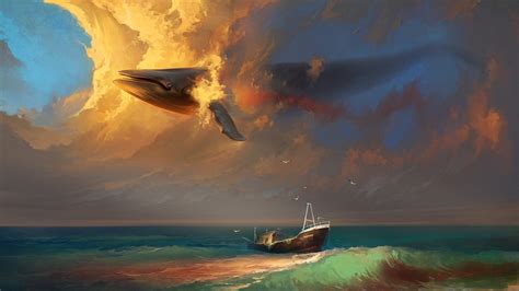Sea Ship Surrealism Keith Clouds Seagulls Art The Sky