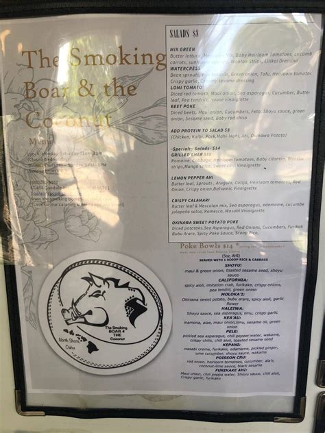 Menu at The Smoking Boar and the Coconut restaurant, Waialua