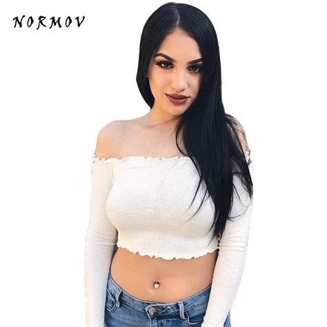 Normov Crop Sexy Women T Shirt Spring Polyester Long Sleeve Slash Neck Clothes Solid Short Off