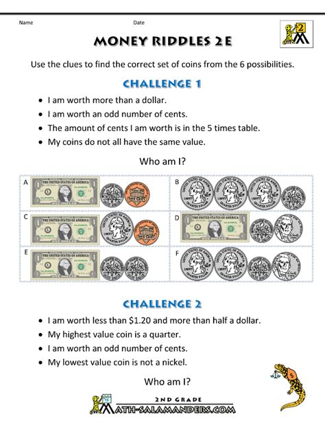 Snap, crackle, and what's the name of the third son? Money Math Worksheets - Money Riddles