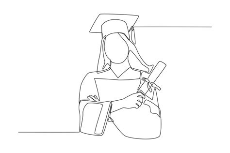 Continuous One Line Drawing Female Student Wearing A Gown And A Hat
