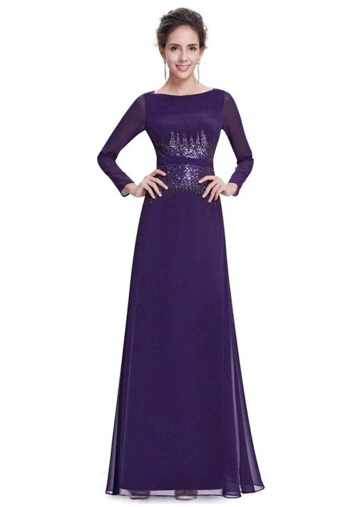 Dark Purple Sequins Long Sleeve Evening Dress 78 He08635dp